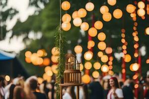 uma Casamento recepção com lanternas e pessoas. gerado por IA foto