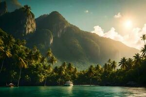 tropical ilha com Palma árvores e montanhas. gerado por IA foto