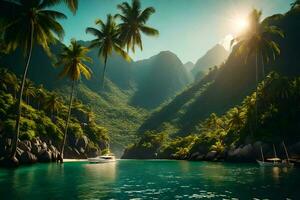 uma tropical ilha com Palma árvores e barcos. gerado por IA foto