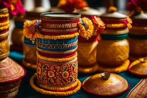 uma mesa com muitos colorida vasos e de outros Unid. gerado por IA foto