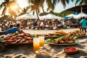 uma mesa com Comida e bebidas em a de praia. gerado por IA foto