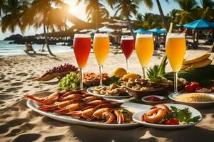uma mesa com camarão, fruta e bebidas em a de praia. gerado por IA foto