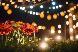 flores dentro a Relva às noite com luzes. gerado por IA foto