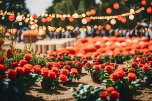 vermelho flores e lanternas dentro a meio do uma campo. gerado por IA foto