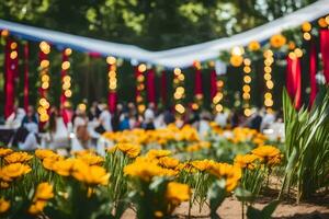 uma Casamento recepção com amarelo flores e vermelho guirlandas. gerado por IA foto