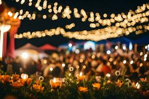 uma ampla multidão do pessoas às noite com luzes e flores gerado por IA foto