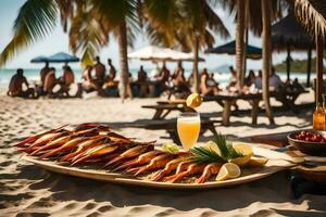 uma bandeja do camarão e bebidas em a de praia. gerado por IA foto