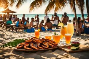 uma prato do camarão e bebidas em a de praia. gerado por IA foto