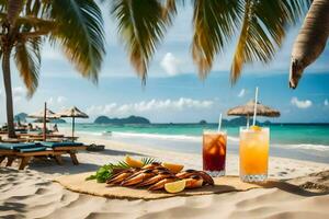 uma mesa com bebidas e Comida em a de praia. gerado por IA foto