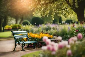 uma Banco senta dentro uma parque cercado de flores gerado por IA foto