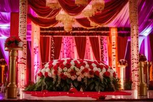 uma Casamento cerimônia com vermelho e branco flores gerado por IA foto