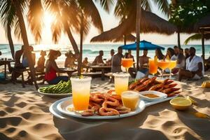 uma de praia com camarão, bebidas e Comida. gerado por IA foto