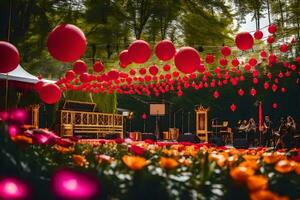 uma Casamento cerimônia dentro a parque com vermelho balões. gerado por IA foto