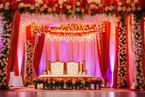 uma Casamento etapa decorado com flores e vermelho cortinas. gerado por IA foto