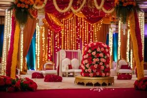 a indiano Casamento cerimônia com vermelho e laranja decorações. gerado por IA foto