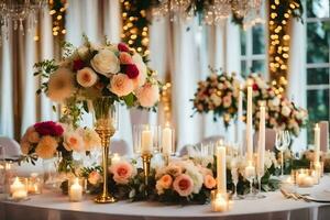 uma Casamento recepção mesa com velas e flores gerado por IA foto