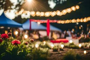 uma jardim com luzes e flores gerado por IA foto