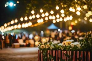 uma grupo do pessoas às noite com luzes e flores gerado por IA foto