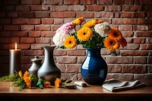 ainda vida com flores dentro uma azul vaso em uma mesa. gerado por IA foto