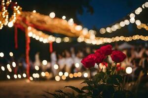 uma grupo do pessoas estão colhido por aí uma mesa com vermelho rosas. gerado por IA foto