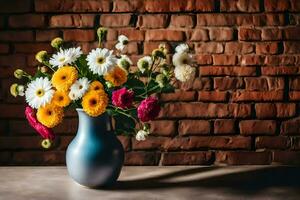 uma vaso com flores em uma mesa dentro frente do uma tijolo muro. gerado por IA foto