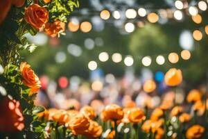 laranja tulipas dentro frente do uma multidão do pessoas. gerado por IA foto