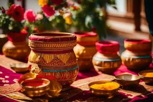 dourado vasos e taças em uma vermelho mesa. gerado por IA foto