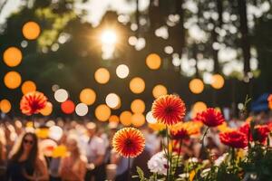 uma multidão do pessoas às uma festival com flores gerado por IA foto