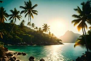 tropical de praia com Palma árvores e pedras. gerado por IA foto