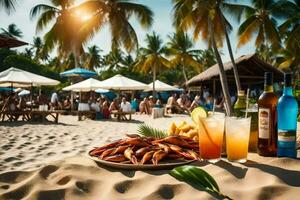 de praia Barra com bebidas e Comida em a areia. gerado por IA foto