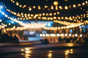 uma noite Tempo foto do luzes amarrado através uma rua. gerado por IA