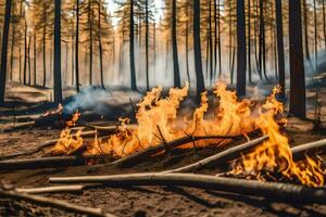 uma floresta fogo dentro a meio do uma floresta. gerado por IA foto