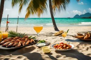 uma mesa com Comida e bebidas em a de praia. gerado por IA foto