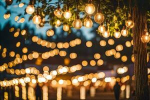 muitos luzes suspensão a partir de árvores às noite. gerado por IA foto