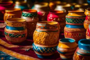 colorida panelas e vasos estão exibido em uma mesa. gerado por IA foto