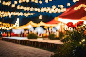 uma Casamento recepção com luzes e flores gerado por IA foto