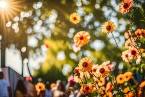 laranja flores dentro a Sol com pessoas dentro a fundo. gerado por IA foto