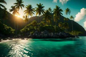 tropical ilha com Palma árvores e água. gerado por IA foto