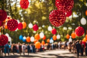 muitos colorida balões suspensão a partir de árvores gerado por IA foto