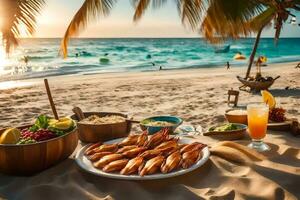 uma mesa com camarão, legumes e bebidas em a de praia. gerado por IA foto