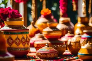 indiano Casamento decoração com colorida panelas e flores gerado por IA foto