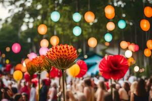 uma multidão do pessoas às uma festival com colorida papel lanternas. gerado por IA foto