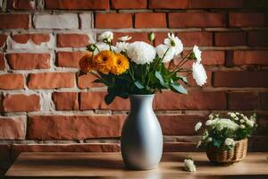 uma vaso com flores em uma mesa dentro frente do uma tijolo muro. gerado por IA foto
