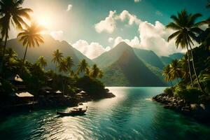 uma tropical ilha com Palma árvores e uma barco. gerado por IA foto
