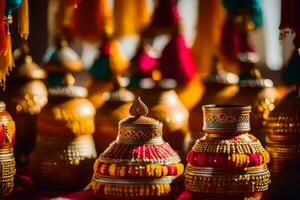 indiano Casamento decoração com colorida borlas. gerado por IA foto