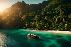 uma barco é ancorado dentro a oceano perto uma tropical ilha. gerado por IA foto