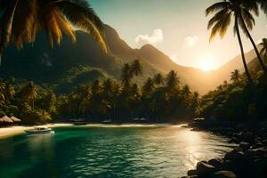 uma tropical ilha com Palma árvores e uma barco. gerado por IA foto