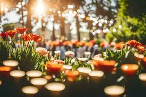 uma campo do flores com velas dentro a fundo. gerado por IA foto