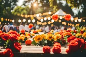 flores estão arranjado em uma mesa às a ao ar livre casamento. gerado por IA foto