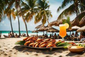 uma prato do frutos do mar em a de praia com bebidas. gerado por IA foto